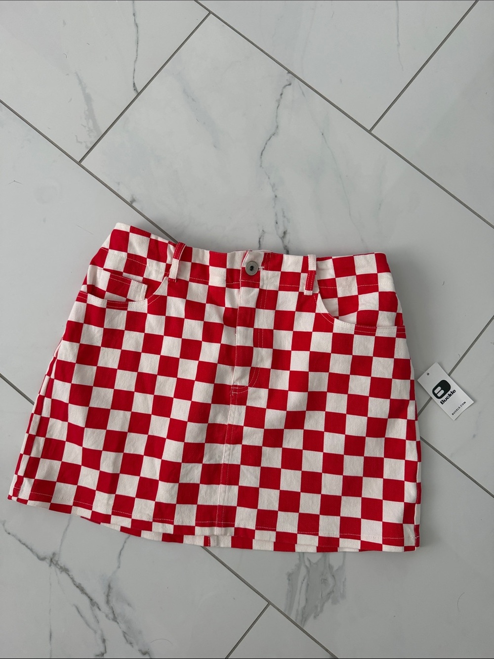 Red and White Checkered Mini Skirt